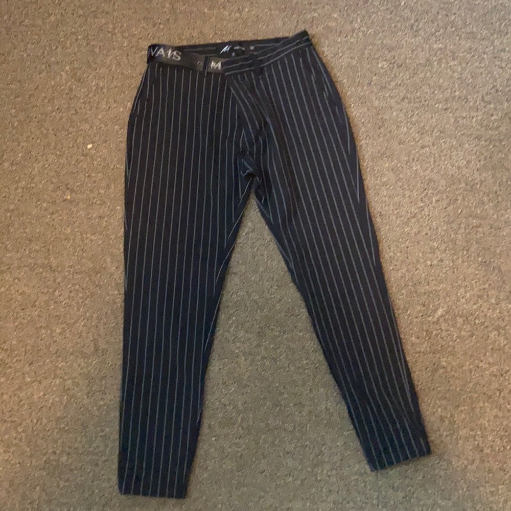 MAUVAIS BLACK PINSTRIPE TROUSERS WITH HALF BELT